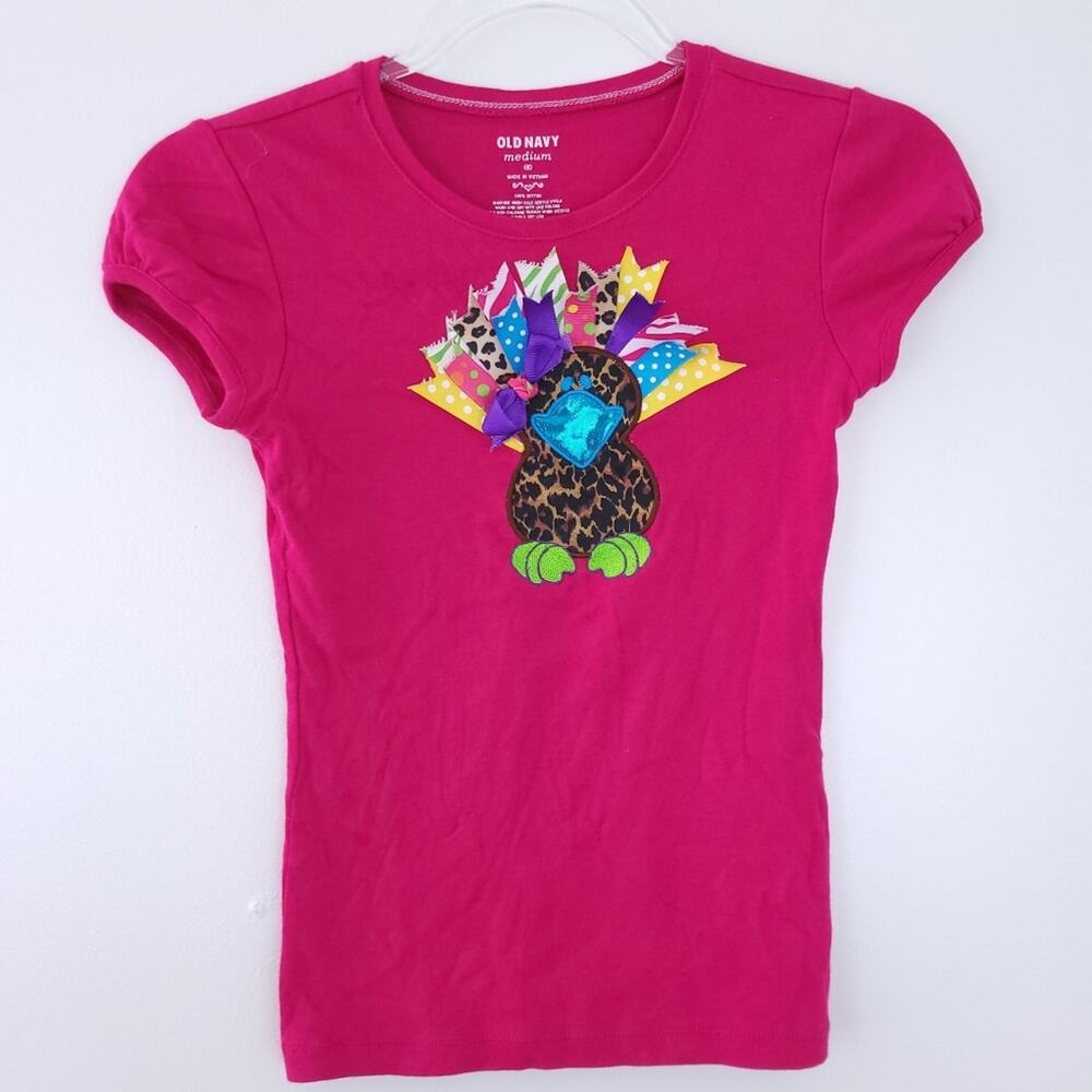 Turkey Applique Tee Shirt Girls Medium 8, Short Sleeve, Thanksgiving Shirt